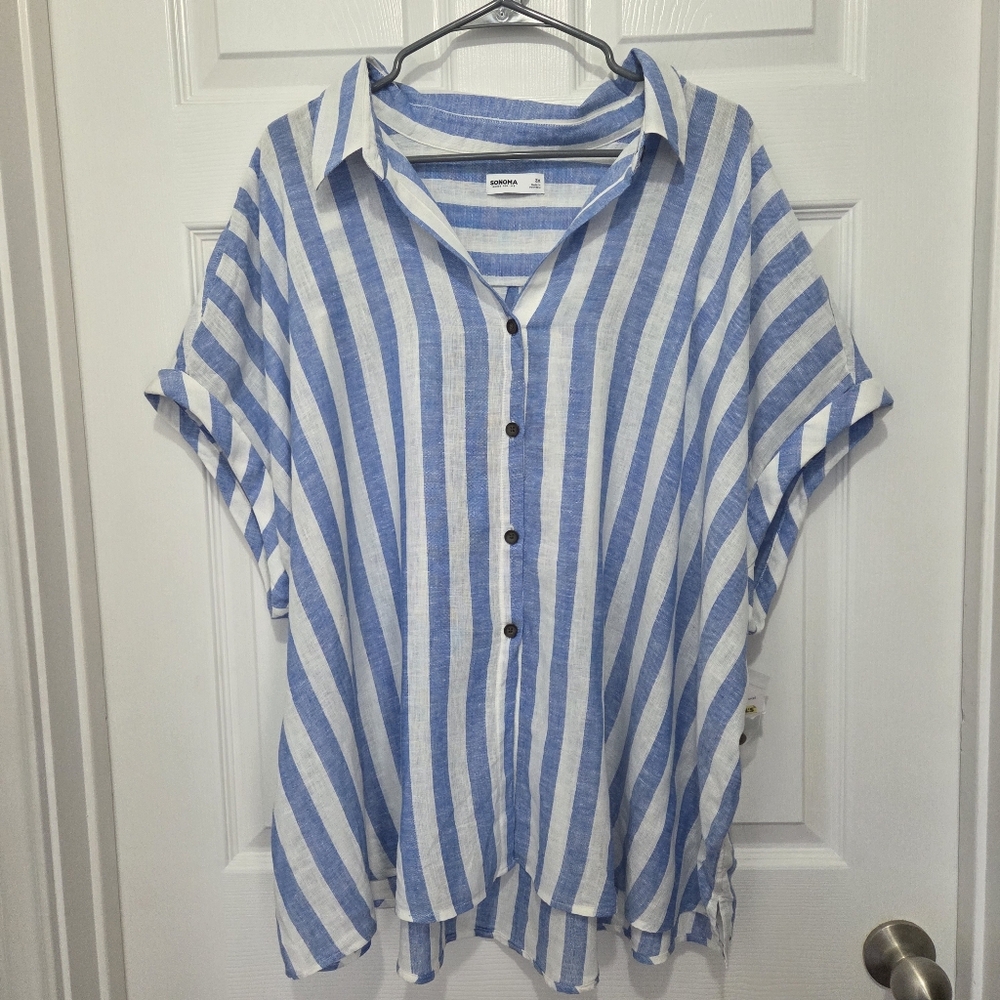 Sonoma Goods For Life Blue & White Striped Linen Blend Button-Up Shirt Size  3X